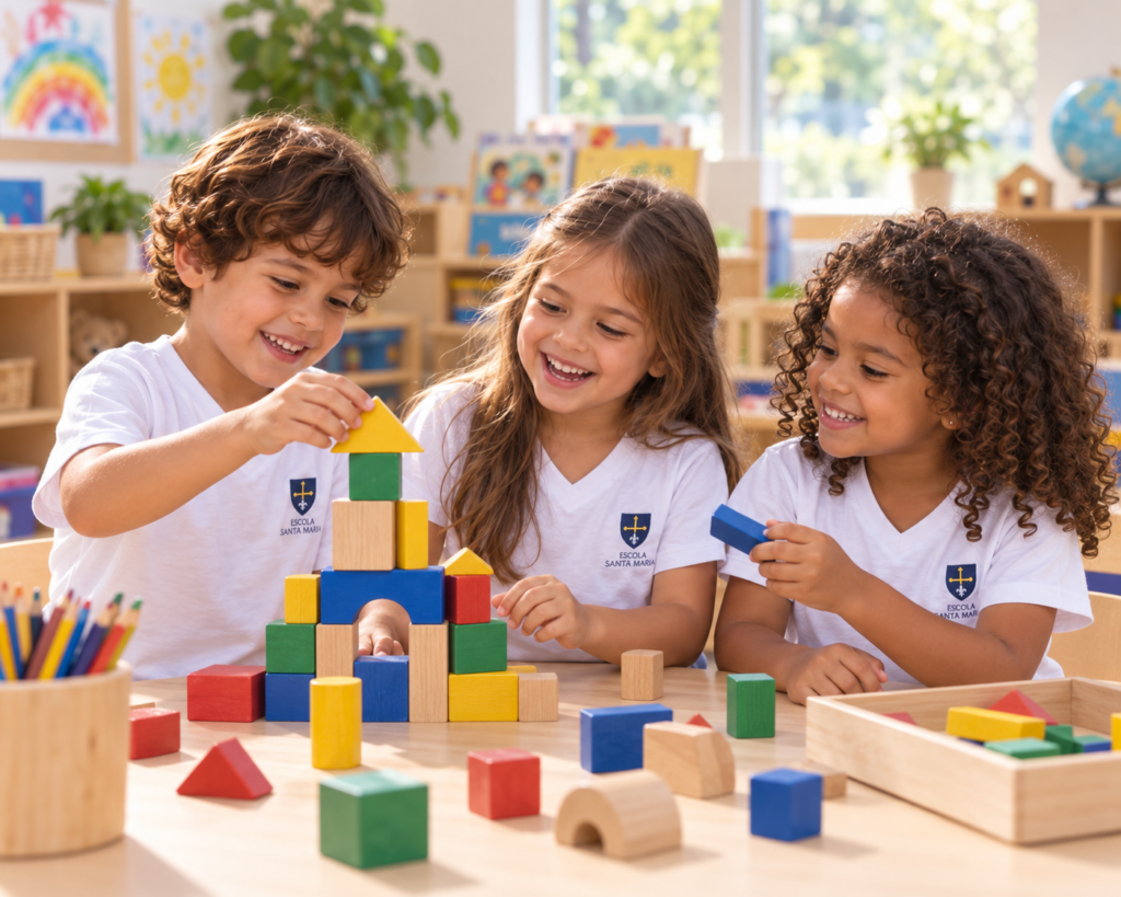 Três crianças com uniforme da Escola Santa Maria brincando juntas com blocos coloridos.
