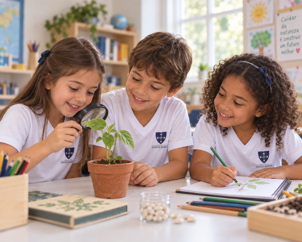 Ensino Fundamental — Anos Iniciais Três alunos dos Anos Iniciais investigando uma planta em atividade escolar.