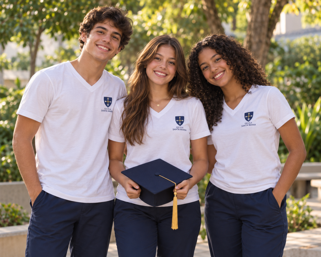 Três estudantes do Ensino Médio da Escola Santa Maria celebrando a conclusão desta etapa.